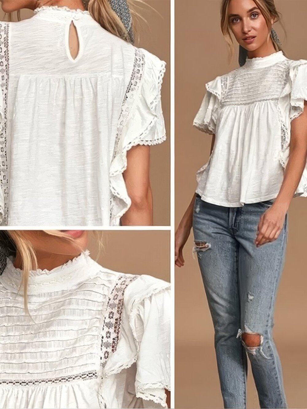 Free People Le Femme Ivory Ruffled Short Sleeve Tee - S - New